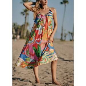 Farm Rio Summer Picnic Sleeveless V-Neck Midi Dress M Tropical Fruit Resort NWT